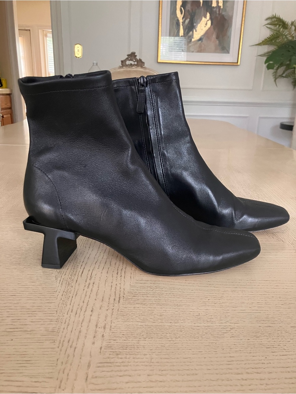 Tory Burch Black Leather Ankle Boots with Sculpted Block Heel